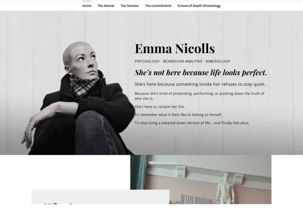 Emma Nicolls' website showcasing her biography and personal story.