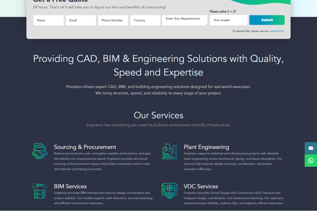 Website screenshot showcasing CAD, BIM, and engineering service offerings.