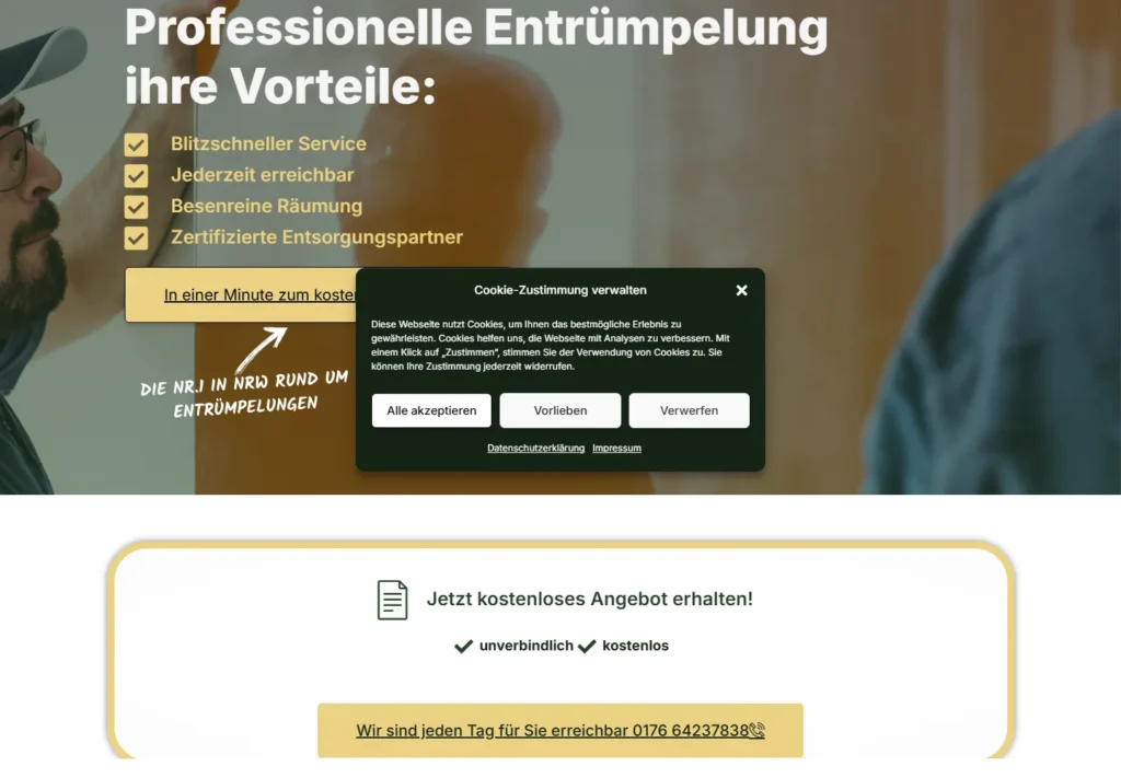 Professionelle Entrümpelung Website mit Vorteilen und Kontaktinformationen