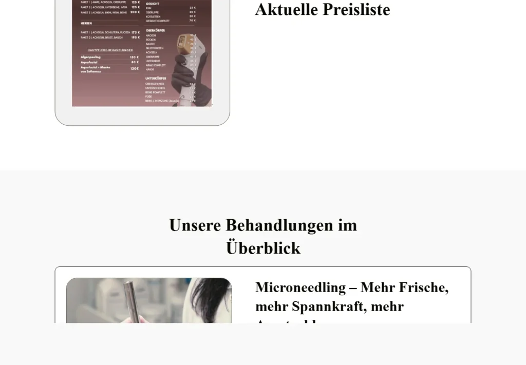 Current price list and treatment overview for beauty services