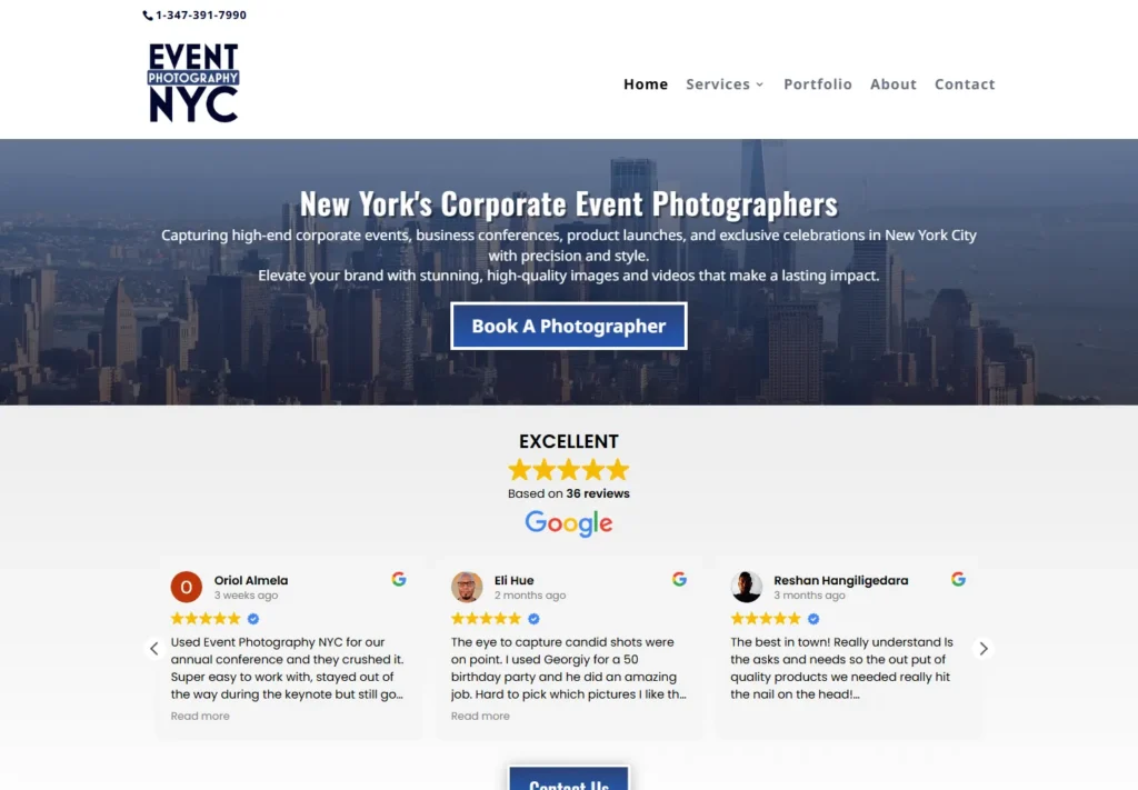 Corporate event photography service website featuring bookings and reviews.