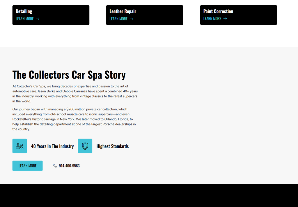 Website homepage for Directors Car Spa with service descriptions.