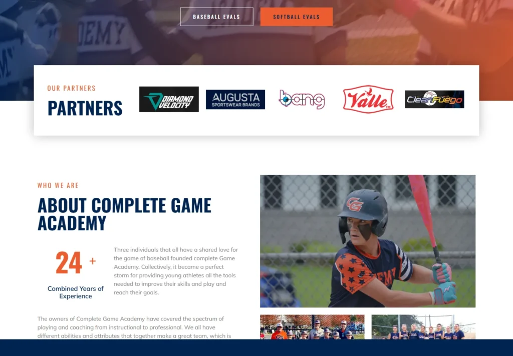 Youth baseball training program homepage with dynamic athlete images.