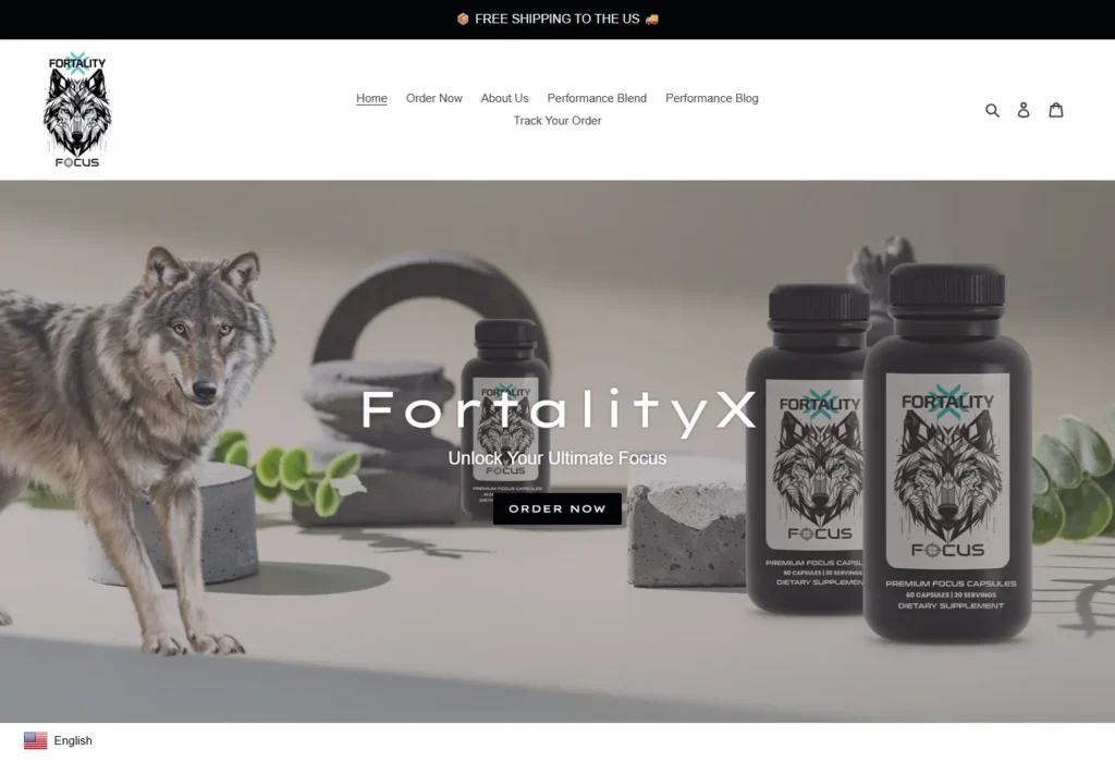 Homepage of FortalityX featuring wolf graphics and product bottles.
