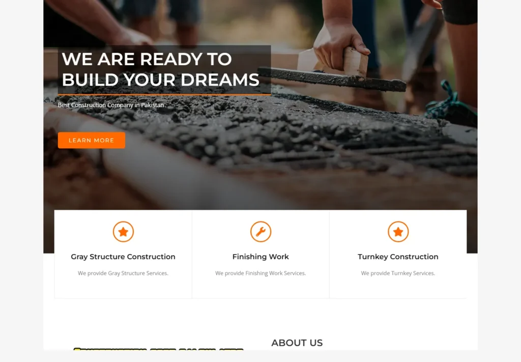 Homepage showcasing construction services with hands working on concrete.