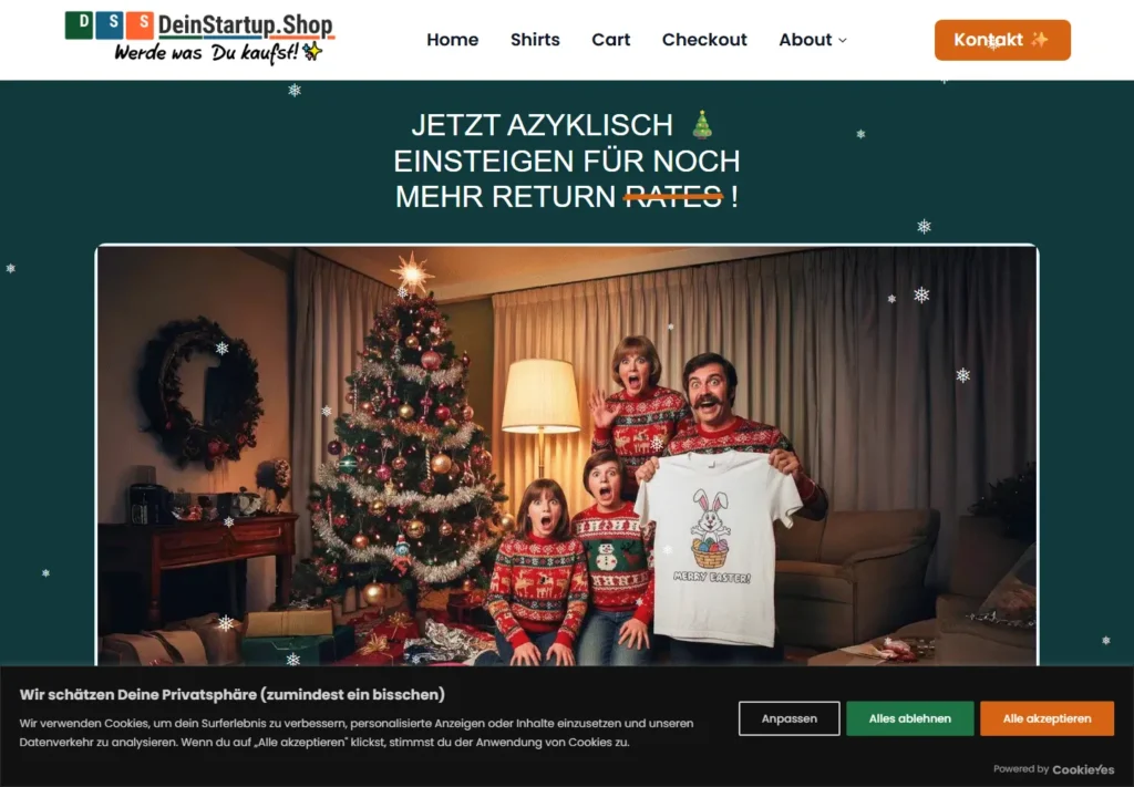 Family wearing festive sweaters beside a decorated Christmas tree.