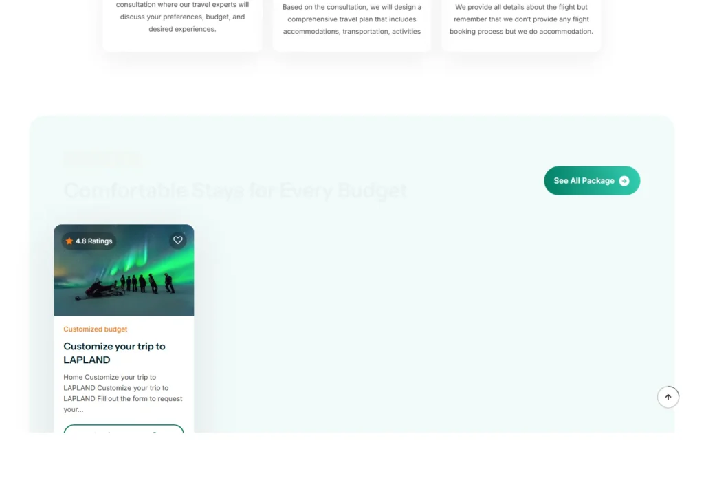 User interface showcasing aurora borealis travel options and testimonials.