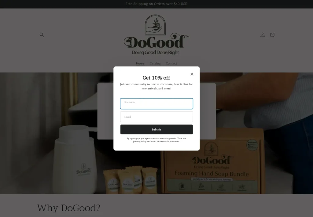 Website popup offering 10% off with product images in background