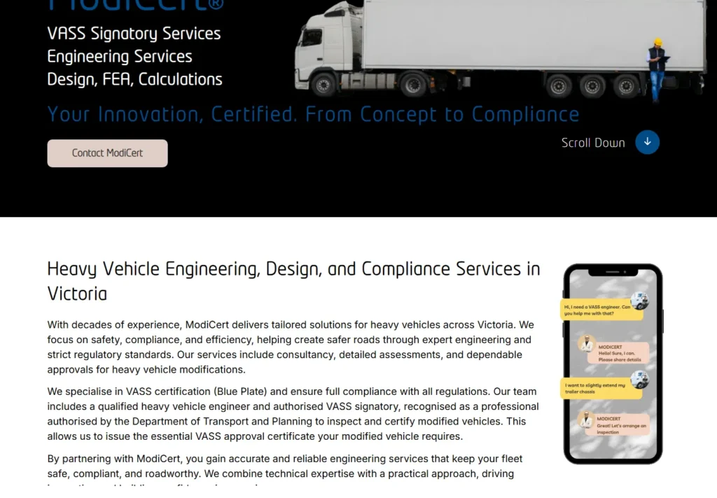 Truck and mobile device displaying vehicle engineering services website.