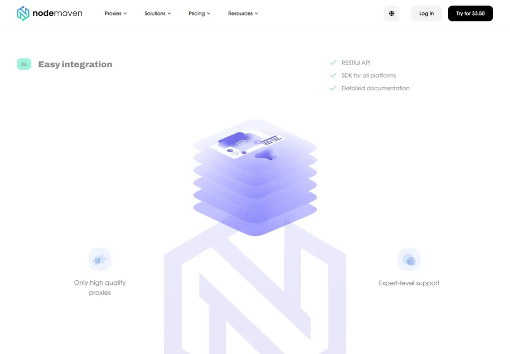 Abstract design with layered shapes and icons on a website.