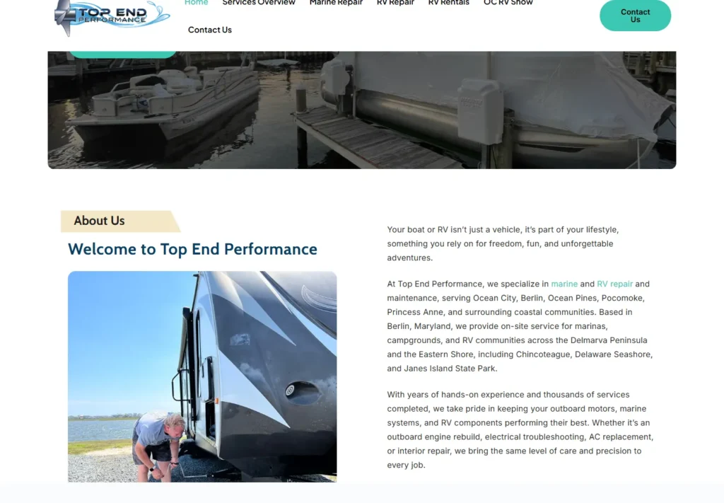 Homepage of Top End Performance with truck and coastal scenery