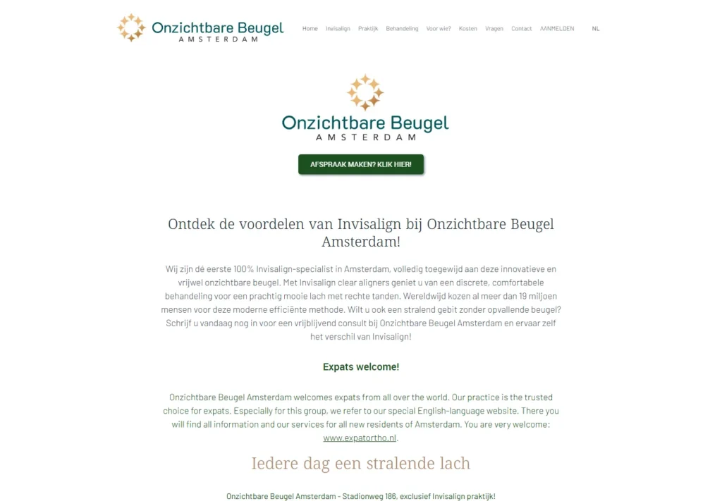 Website homepage of Onzichtbare Beugels, orthodontic treatment information.