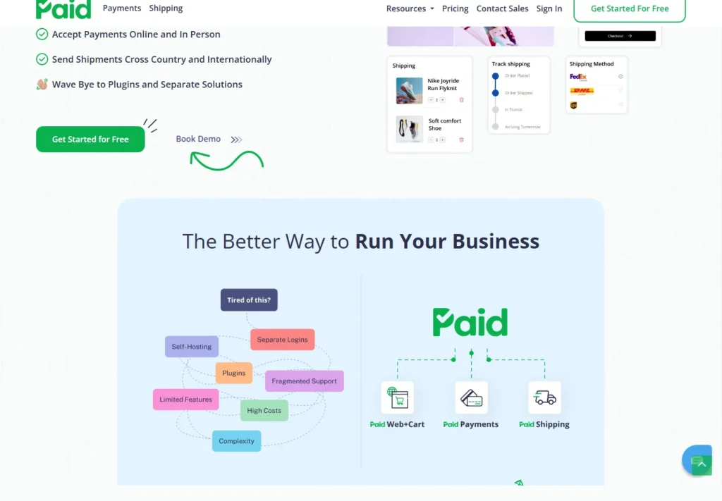 Screenshot of a website showcasing business management tools and features.