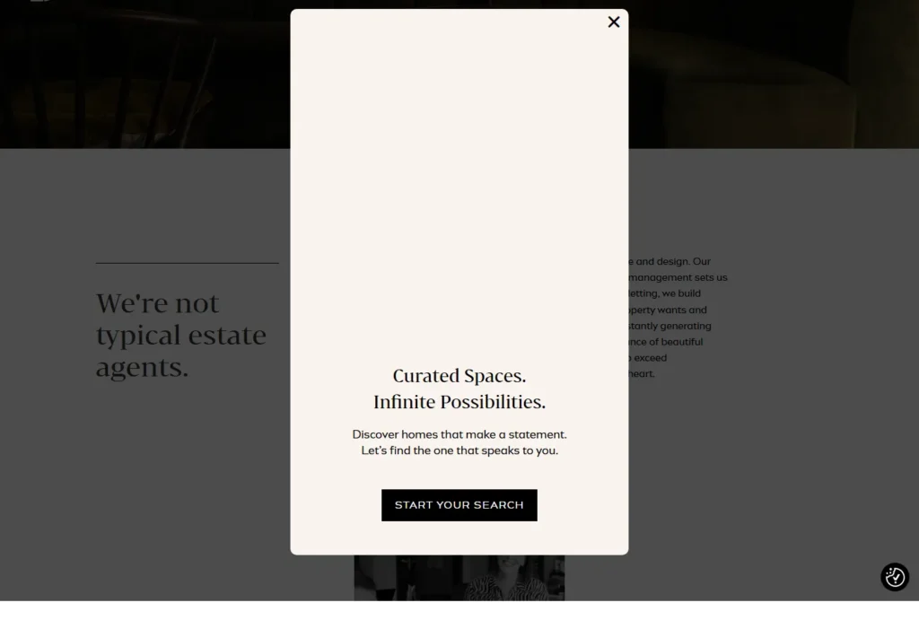 Website pop-up showcasing real estate opportunities and curated spaces