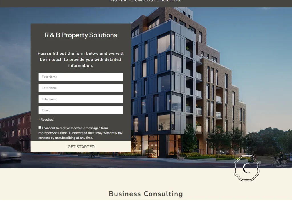 Modern building exterior with property consulting services displayed.
