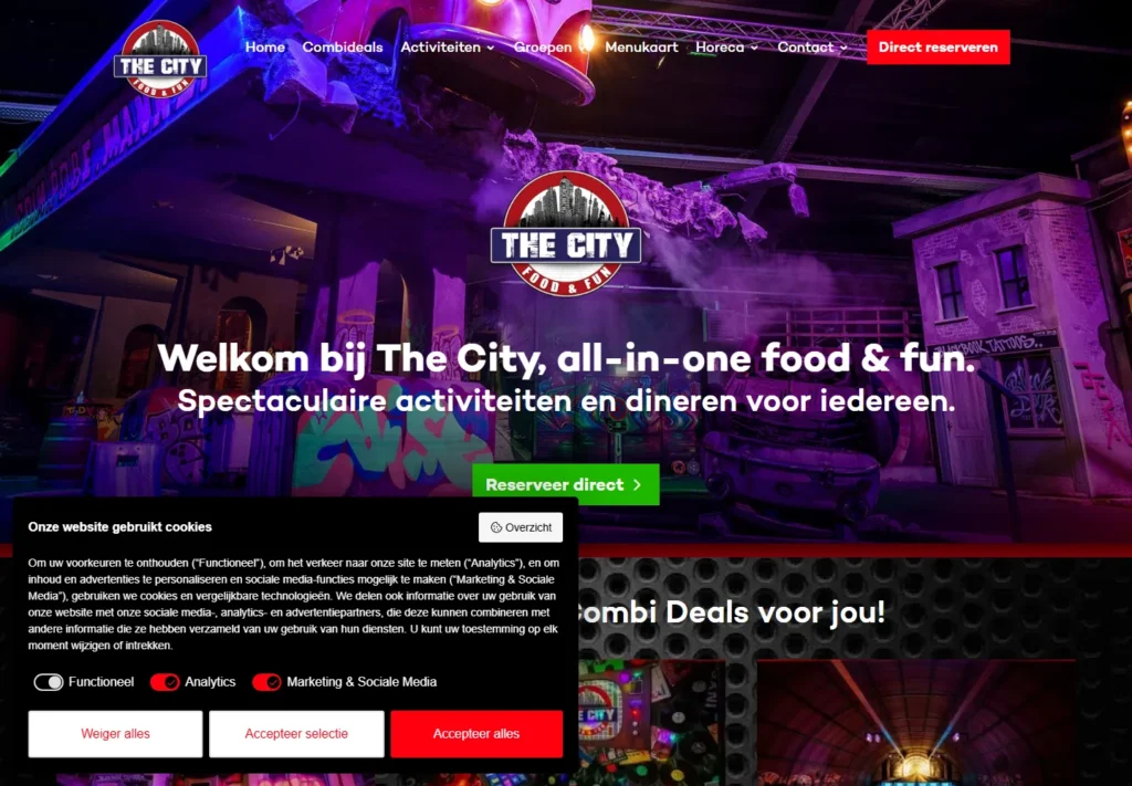 Website homepage for The City, featuring food and entertainment options.