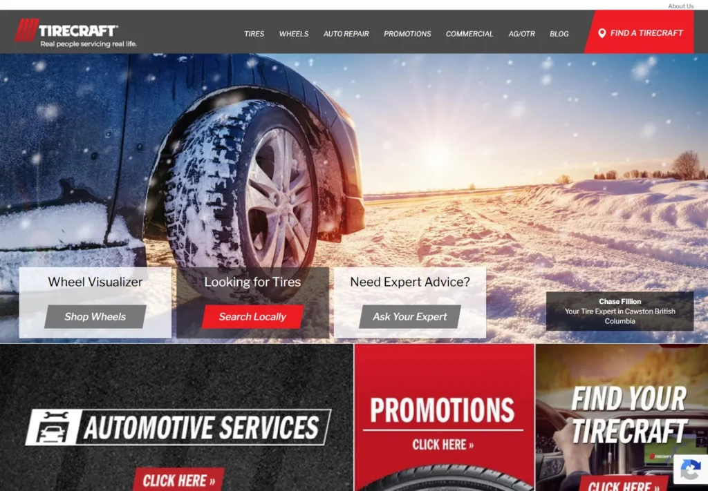 Car with snow tires on a snowy road, automotive services website screenshot