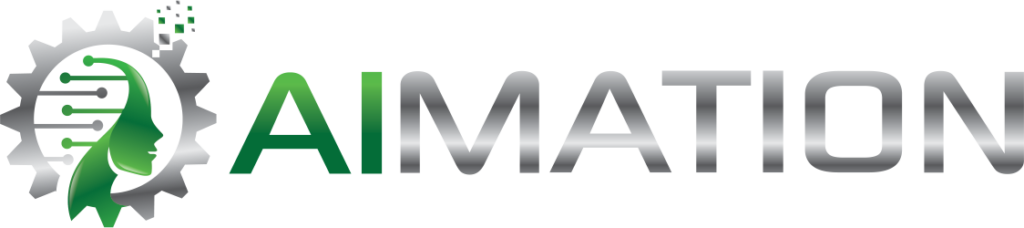Metallic stylized "AImation" logo with gradient effect